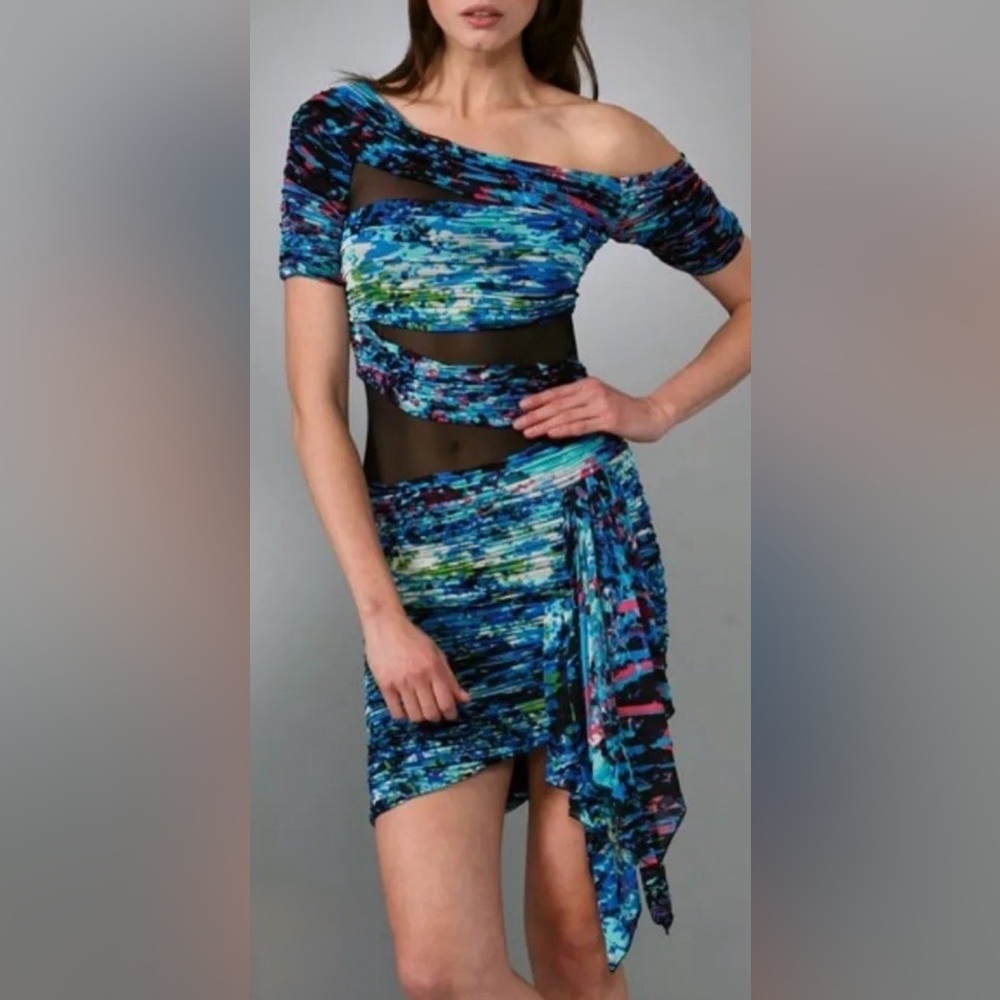 BCBGMaxAzria Runway Blue MultiColor One-Shoulder Mesh Cutout Bodycon Dress Small